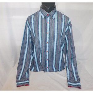 Luchiano Visconti Black Mens 2XL Blue Striped Button Up LS Shirt Flip Cuff